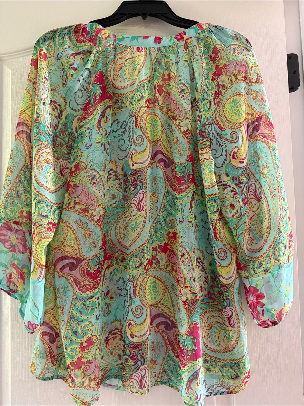 fig and flower Sheer Paisley Floral V-Neck Blouse in Aqua & Pink - Picture 6 of 6